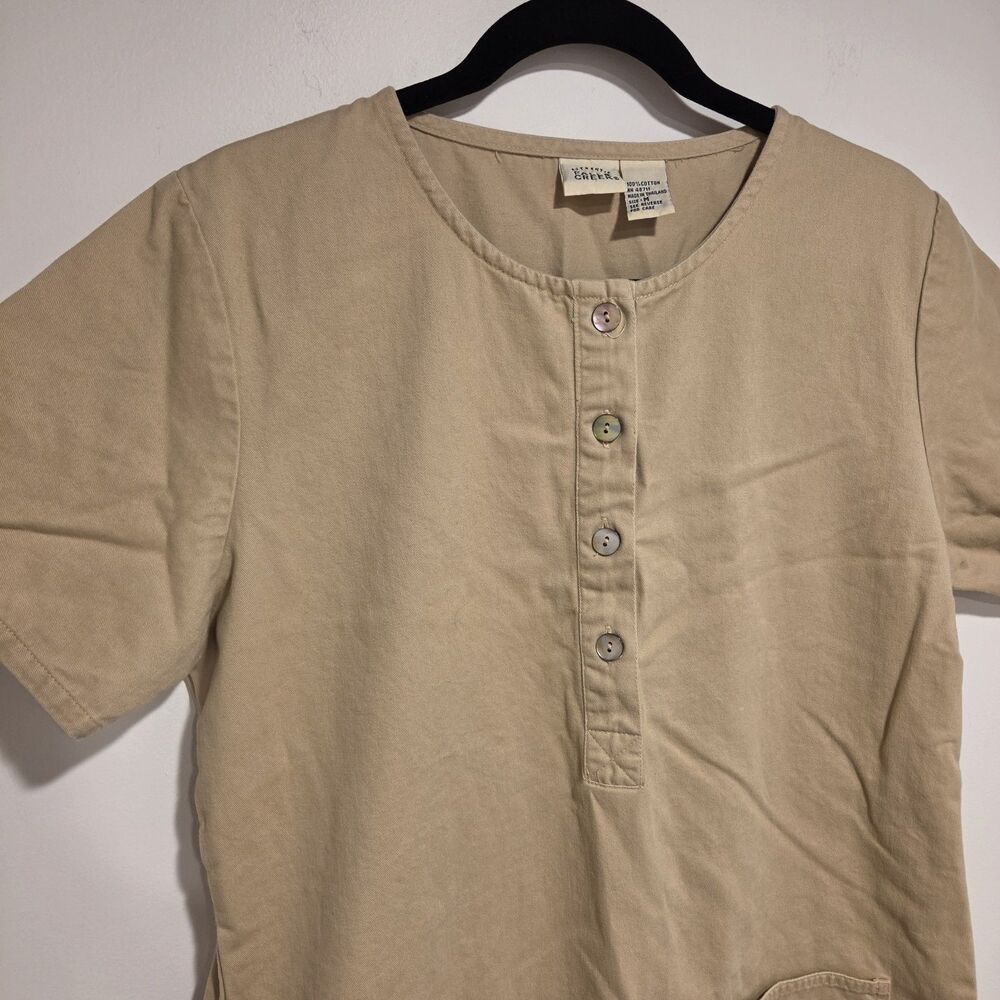 Vintage 90s Khaki Shirt Dress Medium 100% Cotton Safari Y2K Boxy Utility Mini - Picture 2 of 10